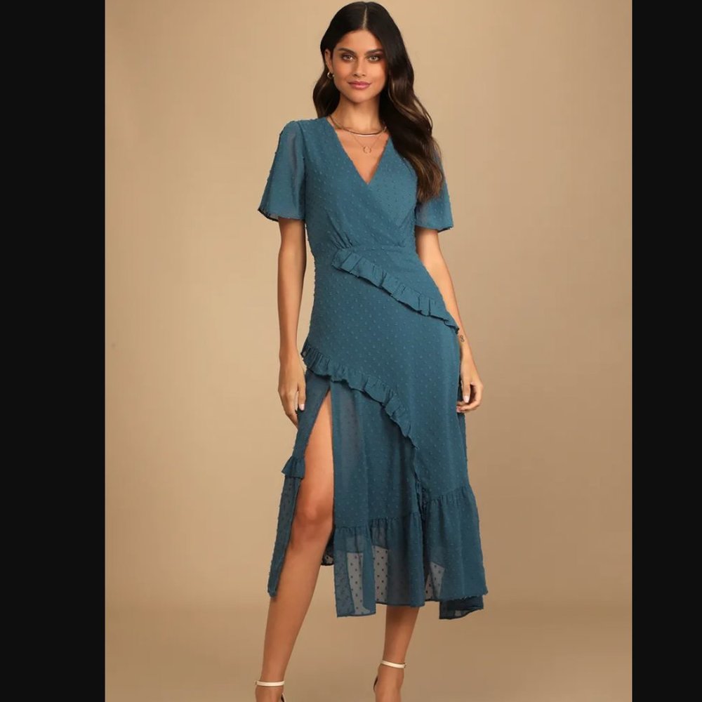 NWOT Lulus Next to You Slate Blue Swiss Dot Ruffled Midi Dress